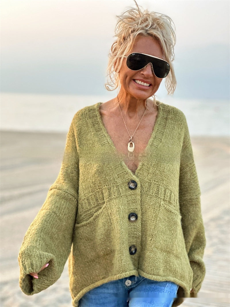 Cardigan Women Coat Long Sleeve V-neck Buttons Pocket