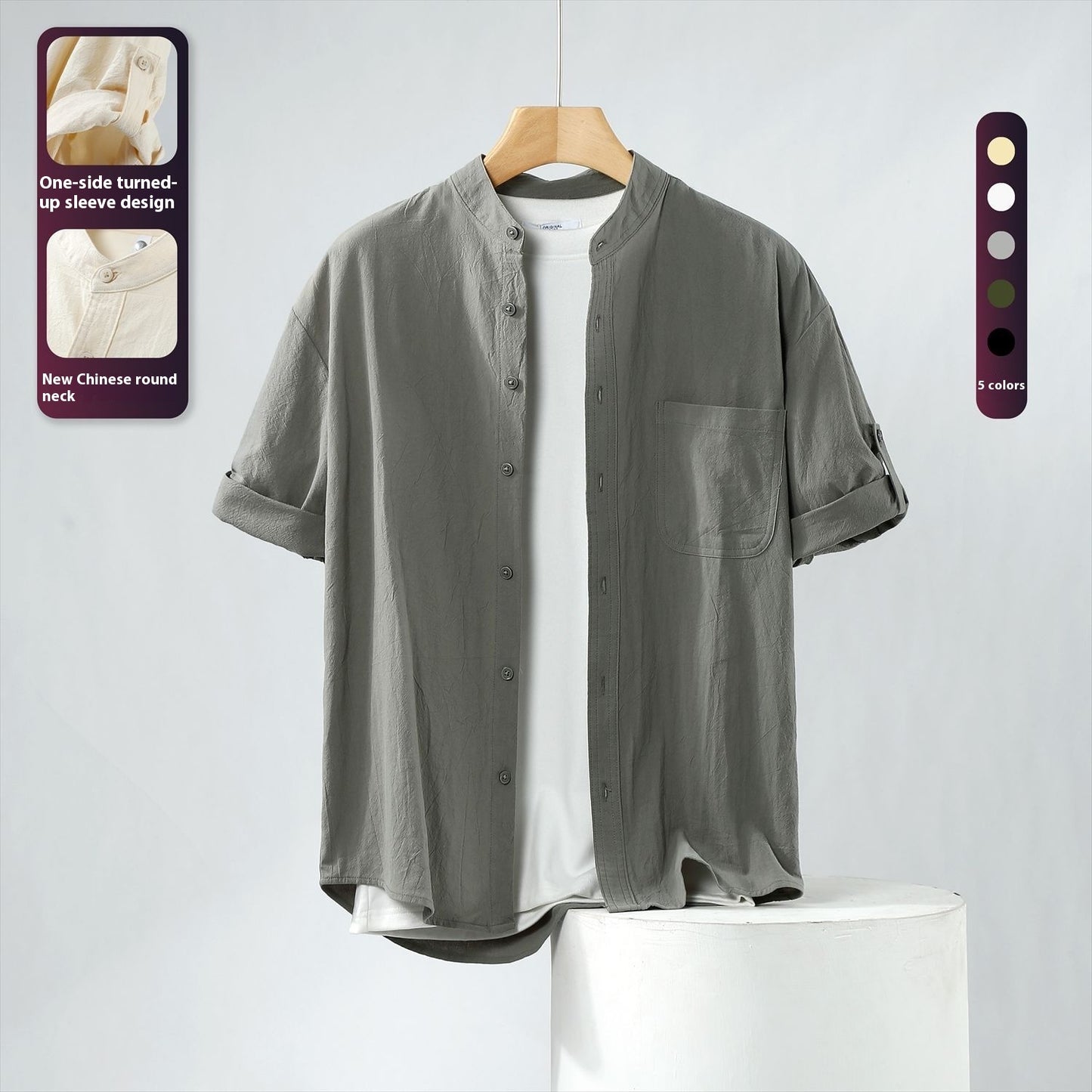 Linen Shirt Men's Short-sleeved Shirt Loose Men's Clothing Chinese Style Summer Cotton Linen Men's Solid Color Simple Stand Collar Top