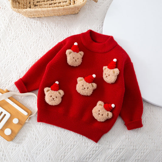 Christmas Red Round-neck Pullover Korean Velvet No Pilling Fleece-lined Kids' Sweater