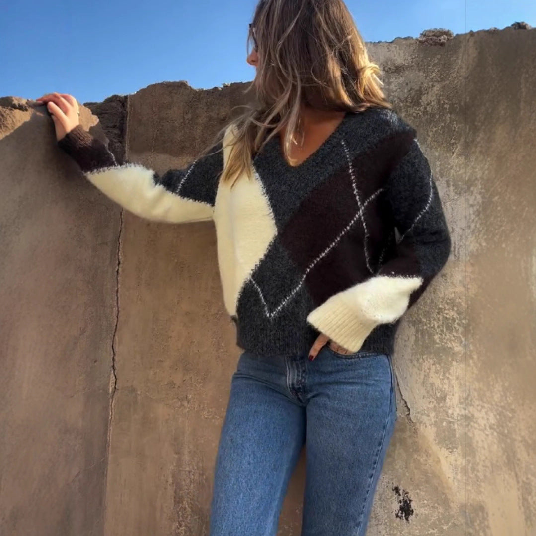 Women's All-match Plaid Printing Color Contrast Casual V-neck Long-sleeved Sweater