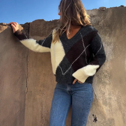 Women's All-match Plaid Printing Color Contrast Casual V-neck Long-sleeved Sweater