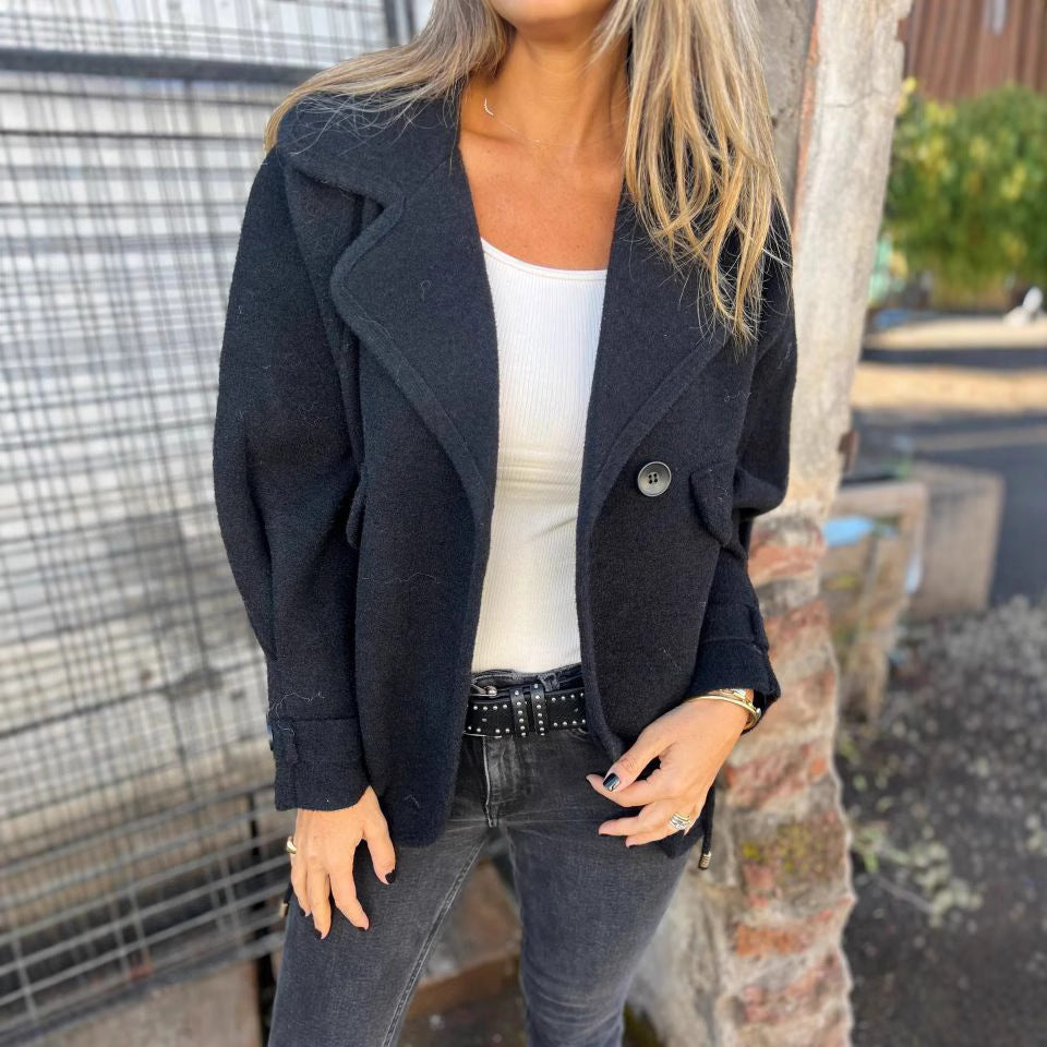 Women's Solid Color Casual Woolen Lapel Button Faux Pocket Coat