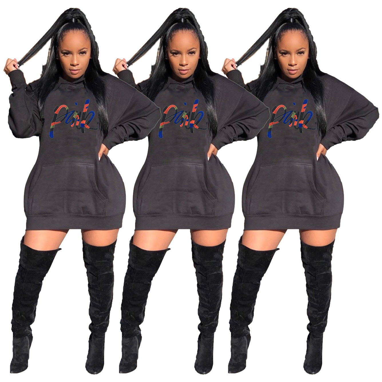 Casual Solid Color Embroidered Letter Bat Sleeve Hooded Dress