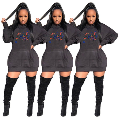Casual Solid Color Embroidered Letter Bat Sleeve Hooded Dress