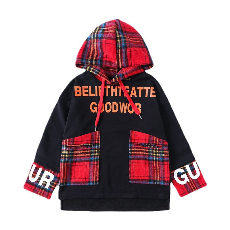 Plaid Stitching Hooded Sweater In The Big Kids Korean Letter Print Top