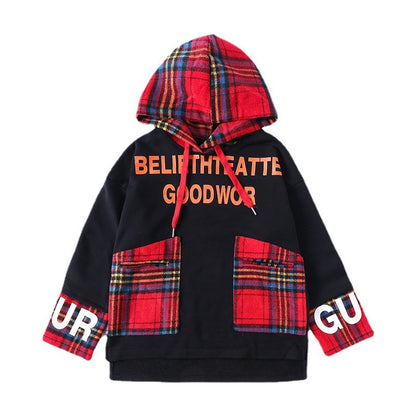 Plaid Stitching Hooded Sweater In The Big Kids Korean Letter Print Top