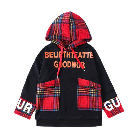 Plaid Stitching Hooded Sweater In The Big Kids Korean Letter Print Top