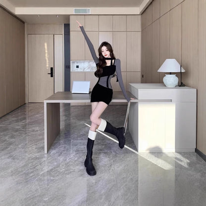 Pure Hot Girl Stitching Contrasting-color Dress Women's Slim Fit