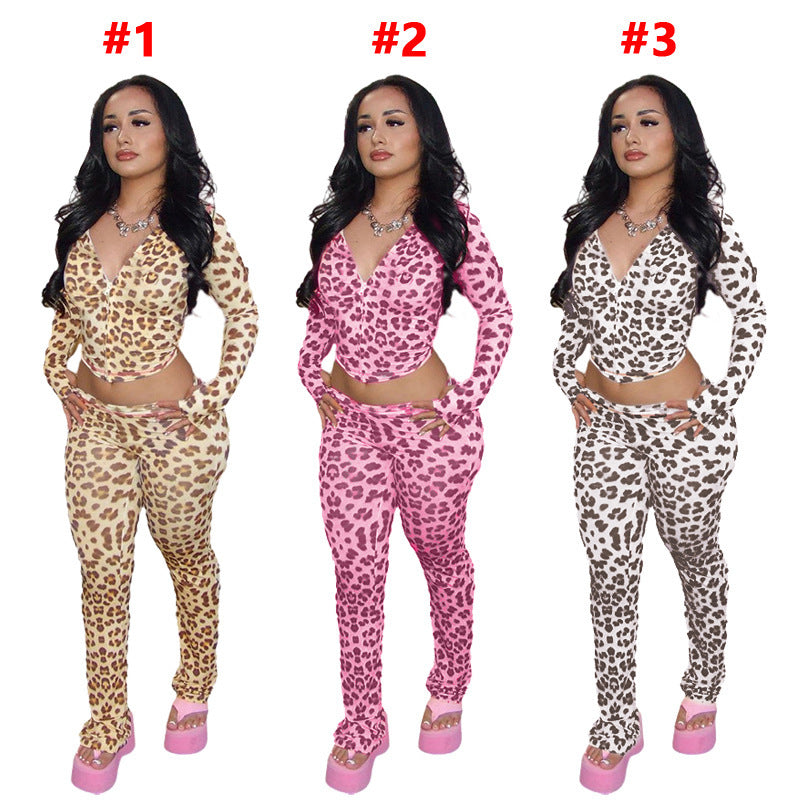 Women's Zipper Hooded Cardigan Leopard Print Trousers Suit