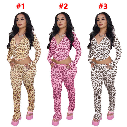 Women's Zipper Hooded Cardigan Leopard Print Trousers Suit