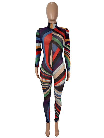 Women's Sexy Color Positioning Printing Long Sleeve Mesh Jumpsuit