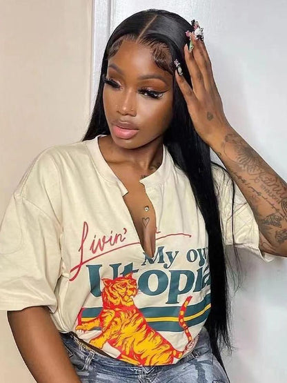 Black Medium Long Straight Hair Chemical Fiber T-shaped Front Lace Wig