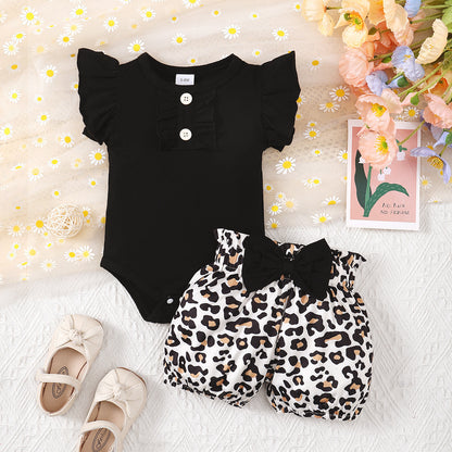 Kids' Rompers Bow Leopard Shorts Suit