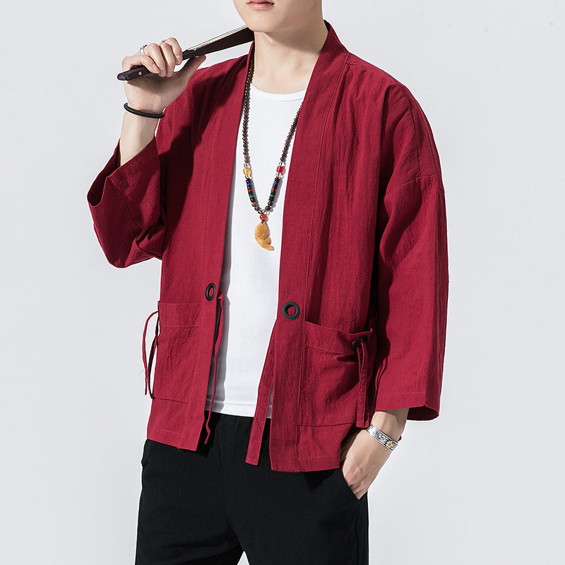 Chinese Style Cotton And Linen Cropped Sleeve Cardigan Baggy Coat Sun Protection Clothing