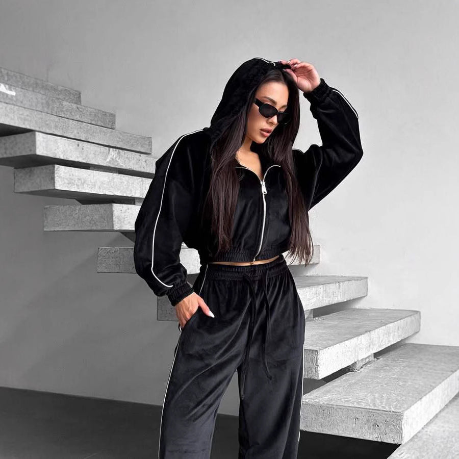 Women's Casual Velvet Hooded Cardigan Coat Wide-leg Pants Sports Suit
