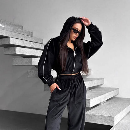 Women's Casual Velvet Hooded Cardigan Coat Wide-leg Pants Sports Suit