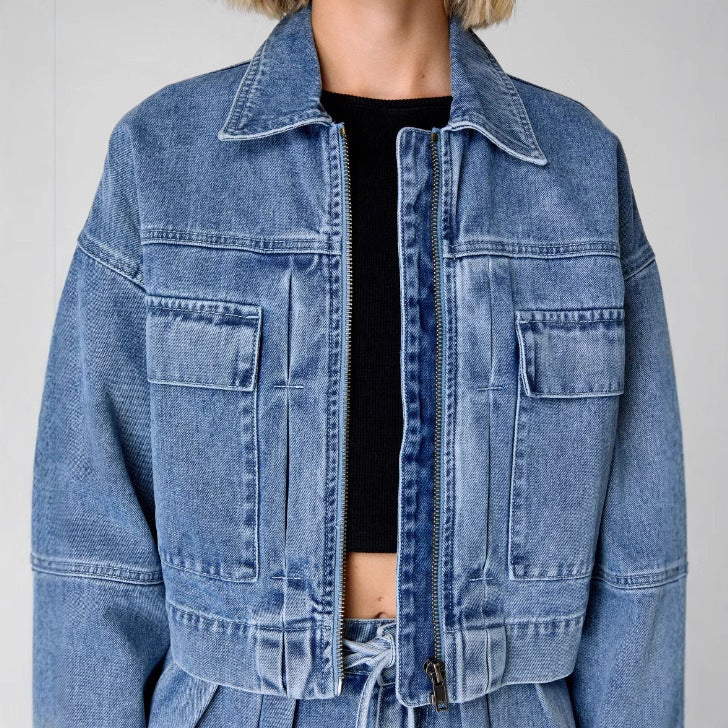 Tooling Style Denim Coat High Waist Loose And Slimming