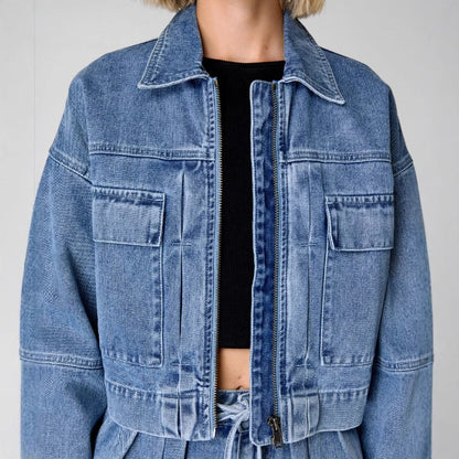 Tooling Style Denim Coat High Waist Loose And Slimming