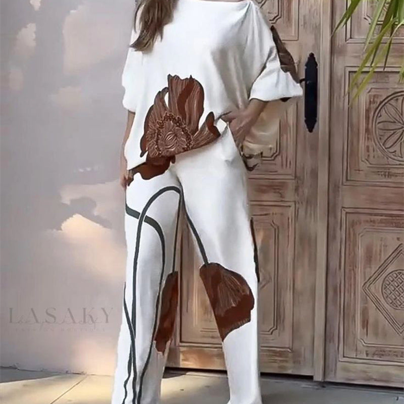 Loose Printed Top Straight-leg Pants Casual Fashion Set