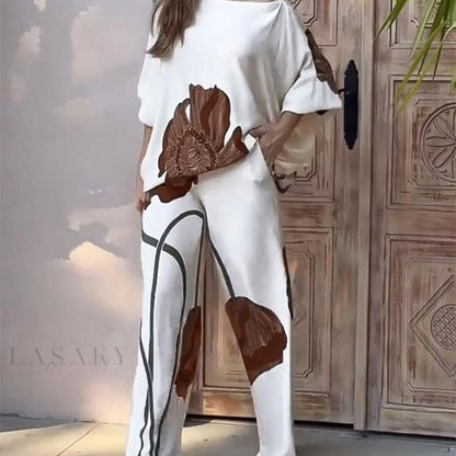 Loose Printed Top Straight-leg Pants Casual Fashion Set