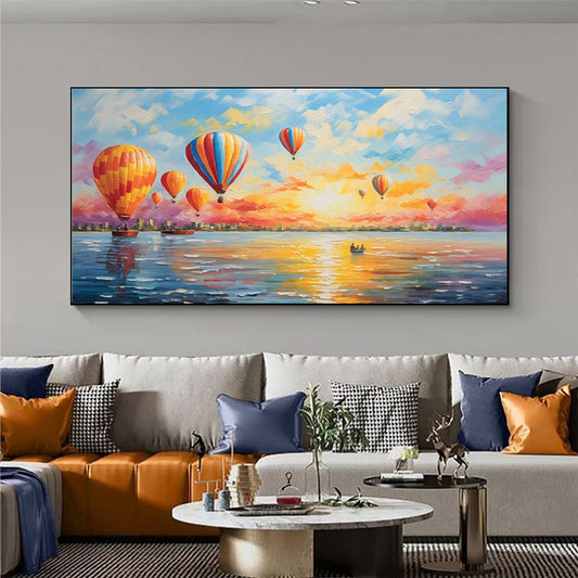 Abstract Hot Air Balloon Canvas Wall Art Colorful Boat Handmade Oil Painting Quiet Seascape Artwork Modern Style For Home Living Room Decor