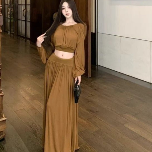 Batwing Sleeve Round Neck Top Pleating Split Skirt Suit
