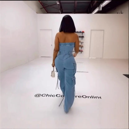 Tube Top Multi-pocket Workwear Jumpsuit Multi-button