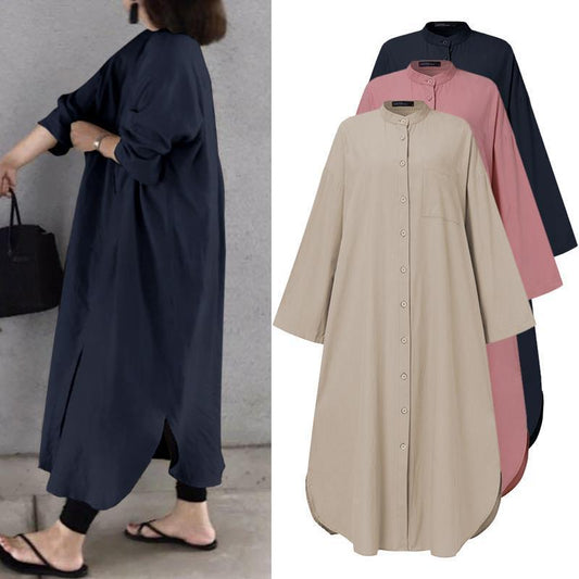 Spring Rayon Cardigan Stand Collar Mid-length Loose Women's Clothing Dress