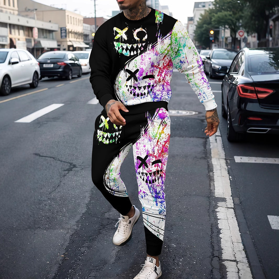 Sports Men's Clothing Casual Retro Digital Printed Round Neck Sweater Suit