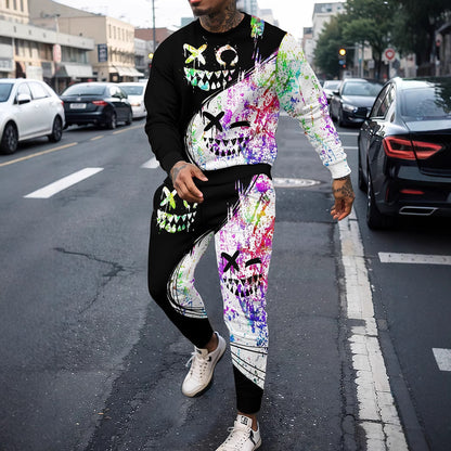 Sports Men's Clothing Casual Retro Digital Printed Round Neck Sweater Suit