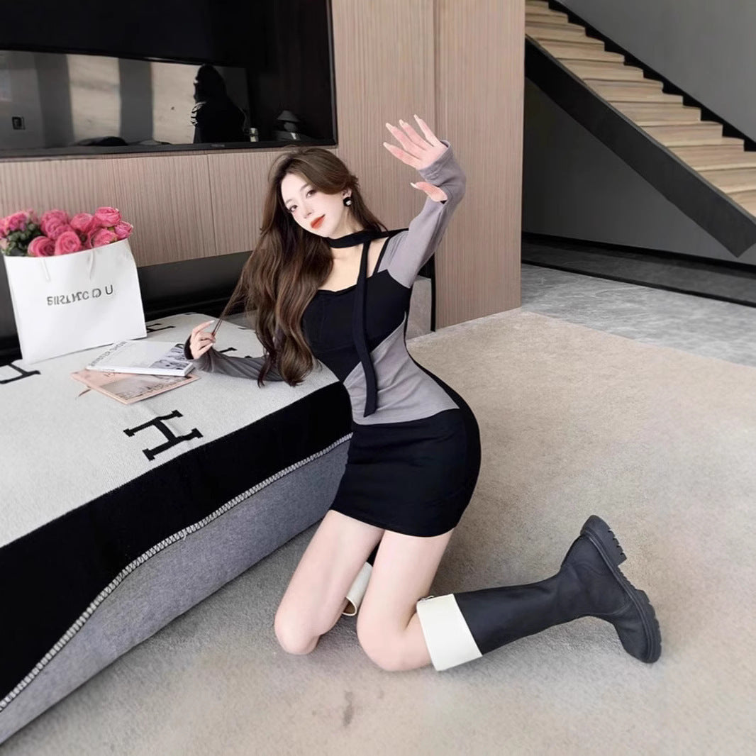 Pure Hot Girl Stitching Contrasting-color Dress Women's Slim Fit