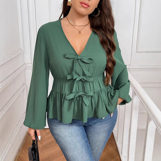 New V-neck Short Green Coat Bow Top