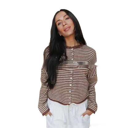 Women's Contrast Color Striped Casual Cardigan Slim Slimming Knitted Sweater