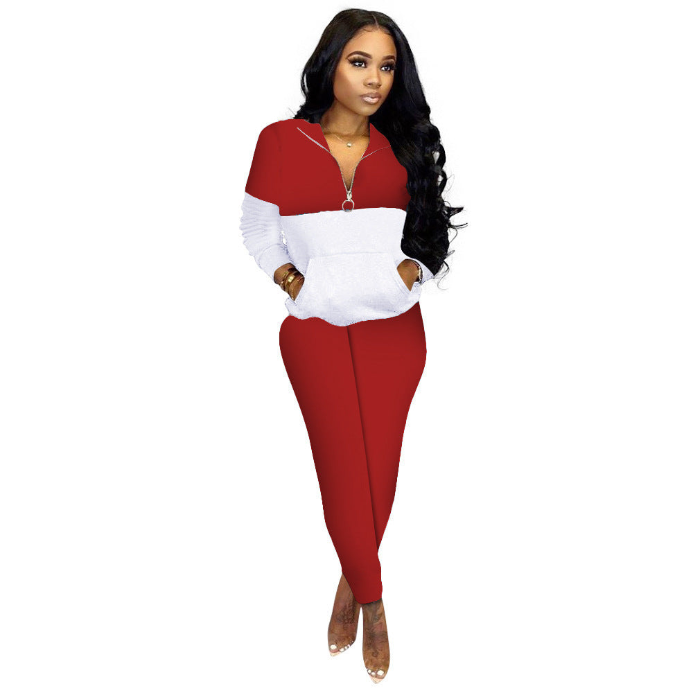Women's Fashion Casual Solid Color Stitching Long-sleeved Trousers Two-piece Set