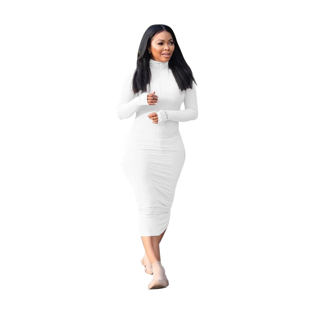 Casual Fashion Sunken Stripe Solid Color Letter Embroidery Long Sleeve Dress