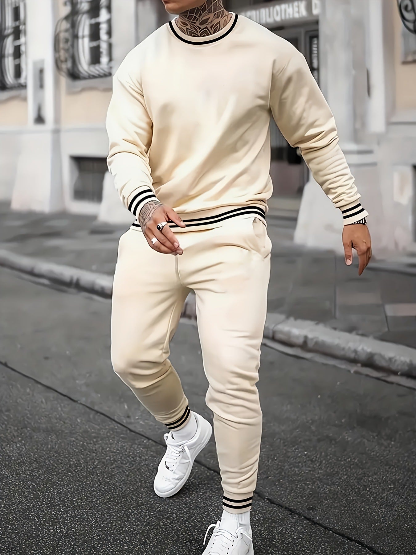 Sports Men's Clothing Casual Retro Digital Printed Round Neck Sweater Suit