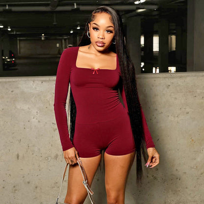 New Square Collar Bow Long Sleeve Top Tight Shorts Suit Women