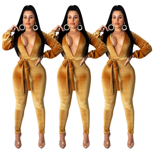 Sexy Fashion Solid Color Silver Fox Velvet Jumpsuit