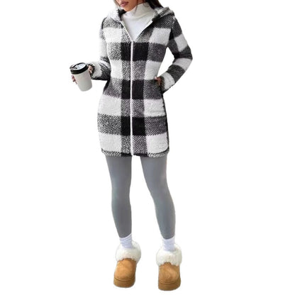 Women's Casual Plaid Printed Double-sided Plush Hooded Zipper Jacket