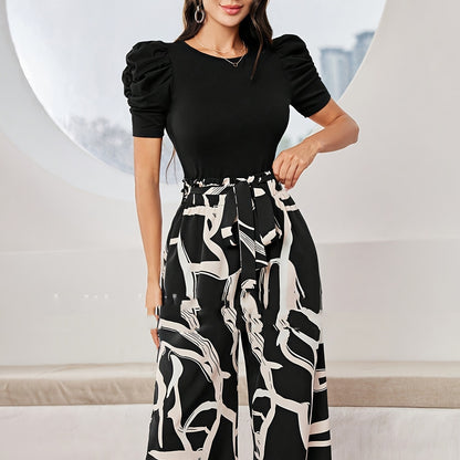 Fashion Jacquard Short-sleeved Top Printed Casual Wide-leg Pants Two-piece Set
