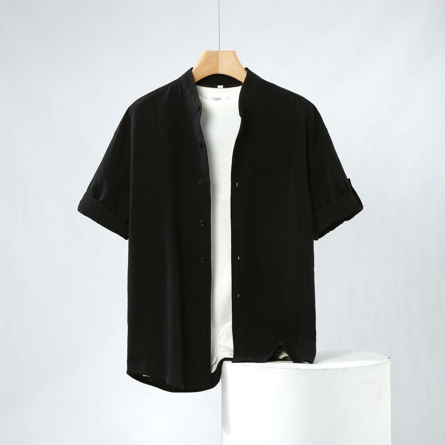 Linen Shirt Men's Short-sleeved Shirt Loose Men's Clothing Chinese Style Summer Cotton Linen Men's Solid Color Simple Stand Collar Top