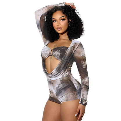 Slim Ink Blooming Printing Swing Collar Fake Two Pieces Long Sleeve Jumpsuit