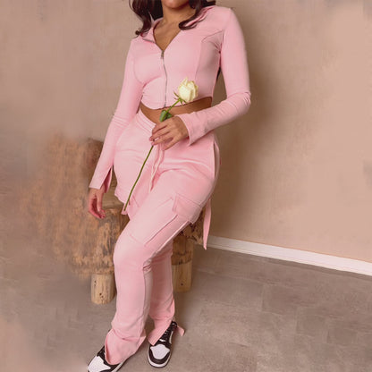 Women's Casual Tight Sportswear Multi-pocket Top Pants Suit