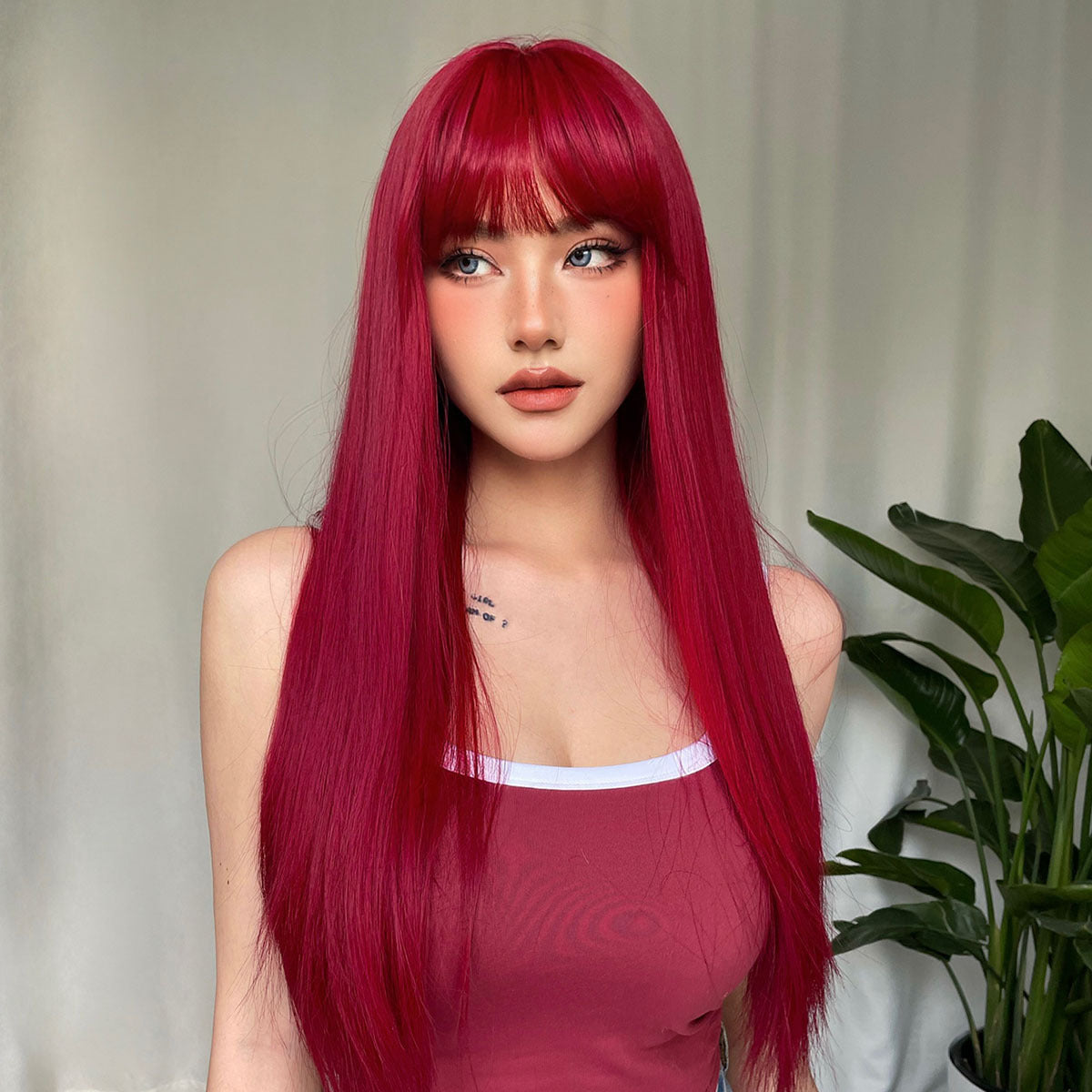 Red Long Straight Wig Head Cover With European And American Style