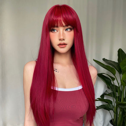Red Long Straight Wig Head Cover With European And American Style