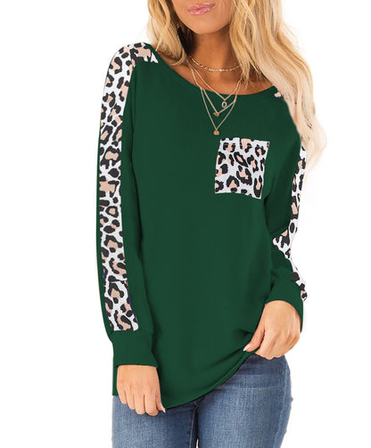 Long Sleeve Leopard Splicing Top Pocket Round Neck Pullover