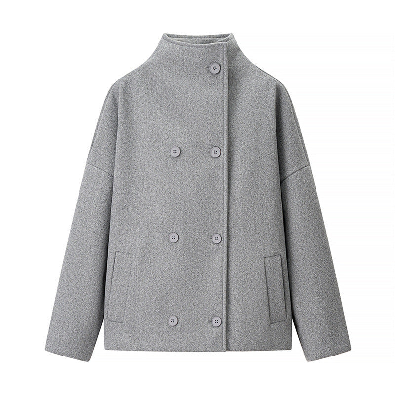 Short Stand Collar Breasted Woolen Coat
