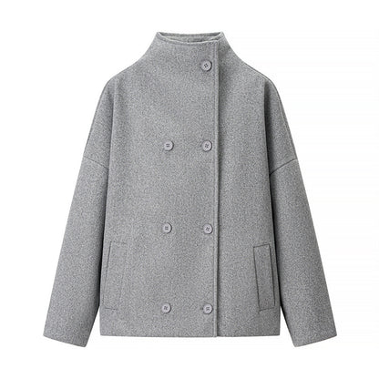 Short Stand Collar Breasted Woolen Coat