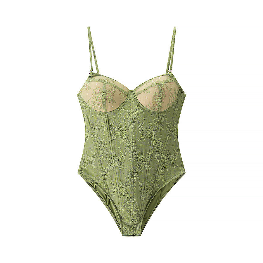 Sexy Lace Sling Corset Satin Mid-length Dress Set