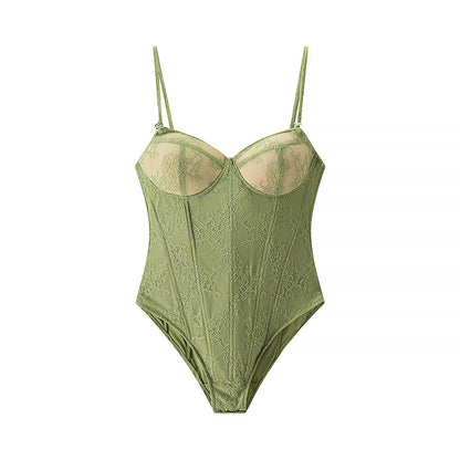 Sexy Lace Sling Corset Satin Mid-length Dress Set